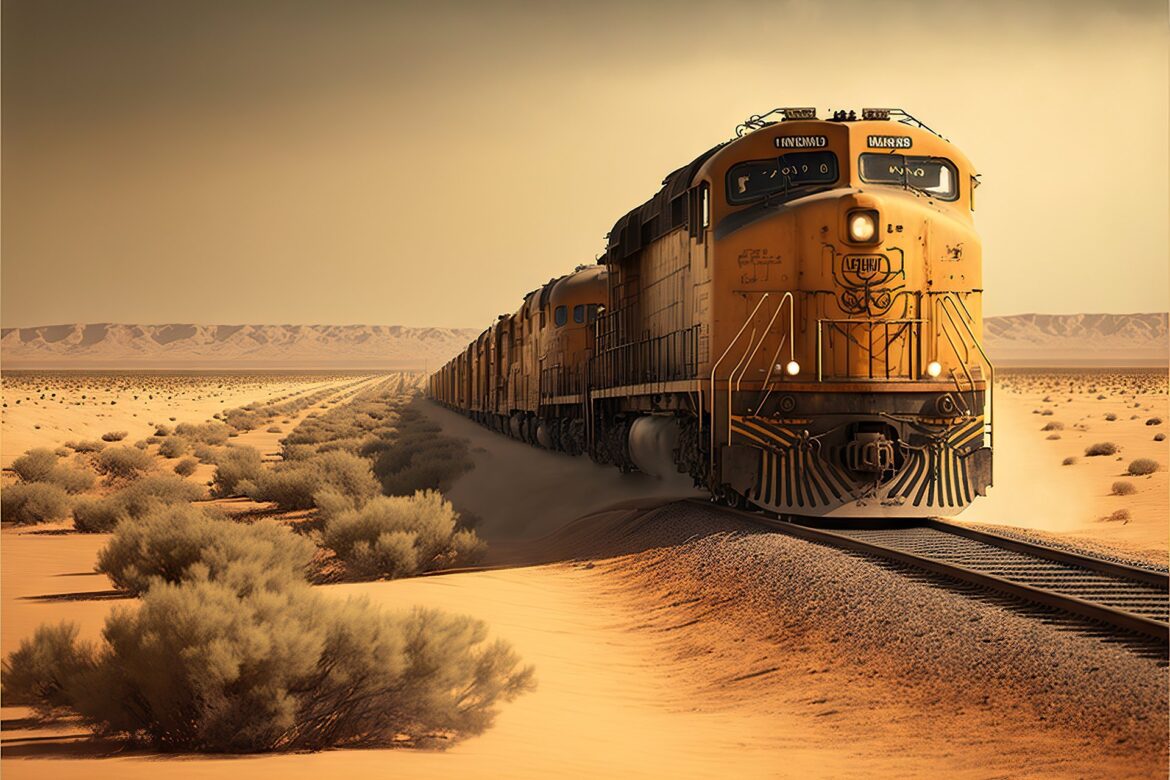 cargo train travels on railway laid on desert prairie